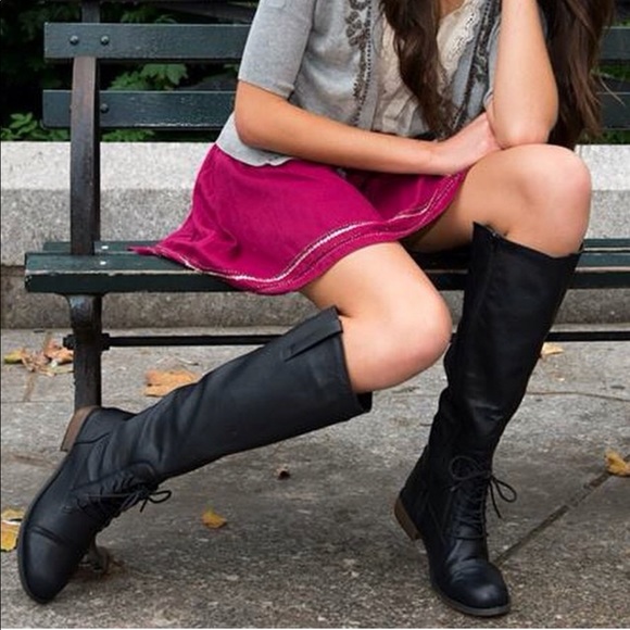 Military Green Half Laced Knee High Combat Boots - Picture 6 of 6